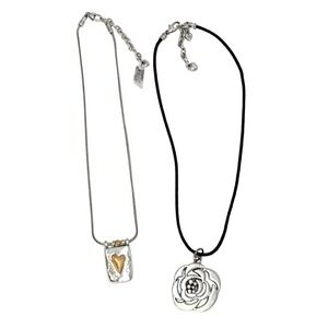 NWT Brighton Remember Me Heart & Rose Pendant Necklace Set Silver Gold Tone 2pc